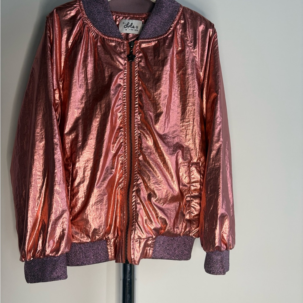 ✨ Lola + The Boys Metallic Pink Bomber Jacket w/ Sequin Cat Patch – Size 6